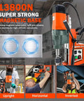 Powerful 1550W Magnetic Drill Press With 3102 Lbf Holding Power For Core, Tapping And Drilling, Portable 2 Inch Boring Diameter Metalworking Machine, 760 RPM Magnetic Drilling Tool For Fast, Heavy Duty Metal Work, shown in use upright, horizontal, and inverted.