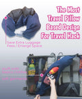 Travel Neck Pillow With Built In Two Way Hood And Stuffable Pocket Turns Pillow Into Extra Carry On Luggage Cotton Light Blocking Navy Lightweight Comfort For Long Hauls And Air Travel, shown stuffed with clothes