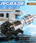 Top Shelf Tough As Nails 110V AC Fresh Water Pump, 7 GPM 70 PSI Self Priming Diaphragm Pump with strainer in water.