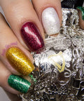 Close-up of nails painted with Glitter Gel Nail Polish Set For Christmas 6 Colors 10ml Each Vegan Cruelty Free Hema Free Gift Kit