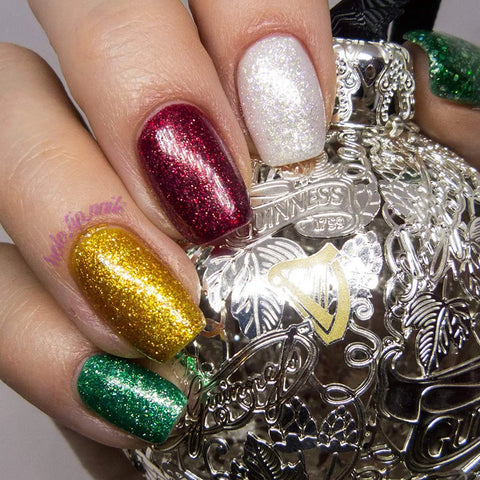 Close-up of nails painted with Glitter Gel Nail Polish Set For Christmas 6 Colors 10ml Each Vegan Cruelty Free Hema Free Gift Kit