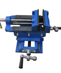 Three Inch Cross Slide Vise for Drill Press and Milling Projects with Swivel and Aligned Precision Jaws in Blue