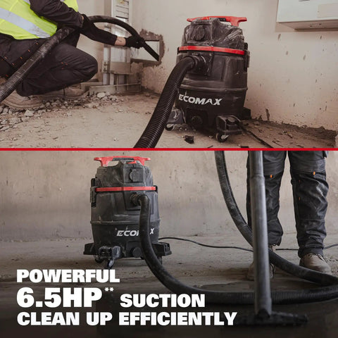 Dual-Mode Wet Dry Vacuum With Auto Tool Activation, 8 Gallon Workhorse, 6.5 HP, shown in use in a construction setting