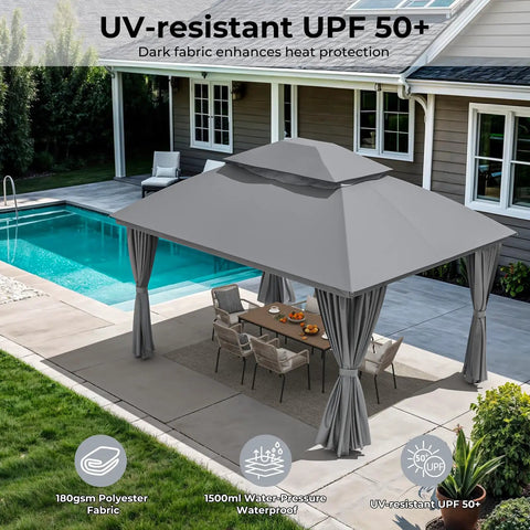 Outdoor Gazebo 10 By 13 Ft With Double Roof And Mosquito Netting Built Tough Metal Frame Canopy UV Resistant Waterproof Top Curtains For Patio Backyard Garden Lawn Or Deck overlooking pool