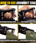 Pro Grade Grommet Tool Kit With Magnetic Alignment demonstration for canvas fabric installation, showing precise steps