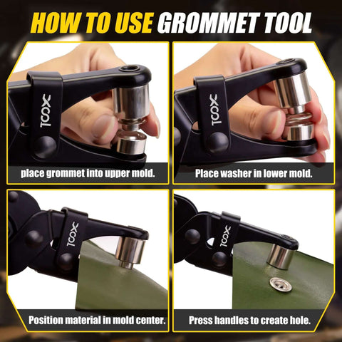 Pro Grade Grommet Tool Kit With Magnetic Alignment demonstration for canvas fabric installation, showing precise steps