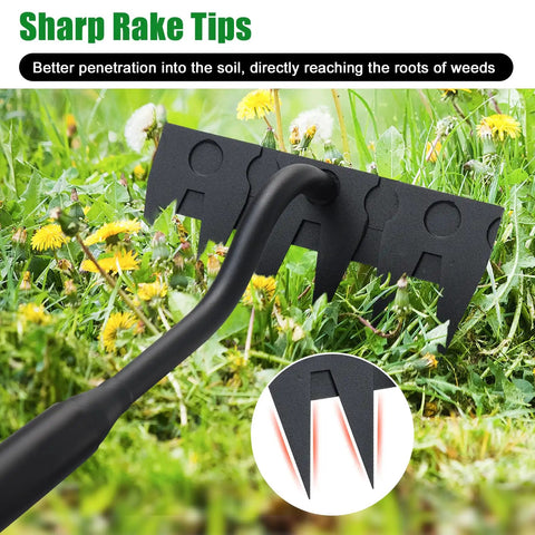 Long Handle 56 Inch Six Tine Weeding Hoe And Weed Puller Tool For Lawn Garden Yard Patio And Backyard with six sharp tines.