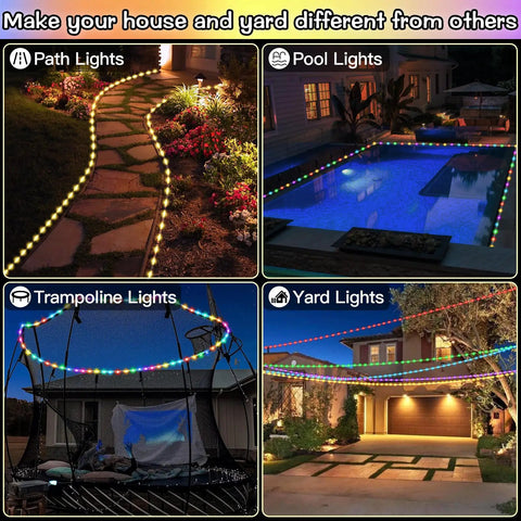 33 Ft Solar Rope Lights Outdoor Waterproof With Remote And Timer, 18 Color Changing LED Rope Lights lighting up path, pool, trampoline, and yard at night