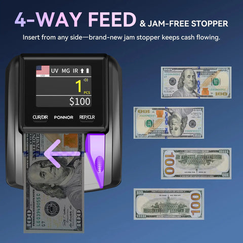 AL 135T Counterfeit Bill Detector Money Checker With Three Inch Digital Screen Dual Currency Verification Modes Pass Fail Indicator Four Way Orientation And Supports USD EUR CAD MXN showing 4-way feed with USD bills