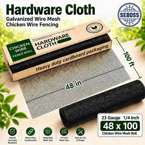 Tough As Nails Black Vinyl Coated Hardware Cloth One Quarter Inch Mesh Wire Fencing Roll 48 in x 100 ft for chicken coops.
