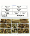 470 Piece M3.5 Zinc Plated Phillips Flat Head Wood Screw Assortment Kit With Seven Lengths, Self Tapping Fasteners For DIY Projects, Handy Box Of Phillips Drive Wood Screws For Furniture And Deck Repairs. Open box showing M3.5 zinc plated Phillips wood screws