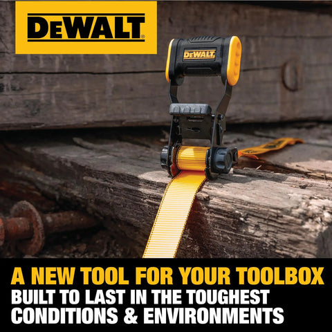1.25-Inch By 12-Foot Ratchet Tie Down Straps 2 Pack, displayed with yellow strap on wooden surface, strong grip seen