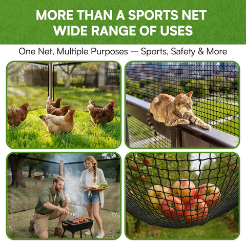 Durable Golf Practice Net And Sports Barrier Net used for chickens, cats, BBQ, and apples; multipurpose heavy duty nylon netting.