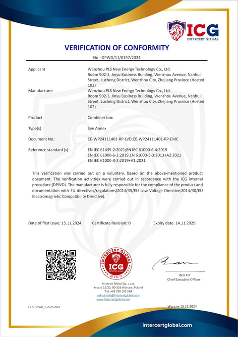 Verification of Conformity certificate for PV Combiner Box by ICG, showing compliance with international standards.