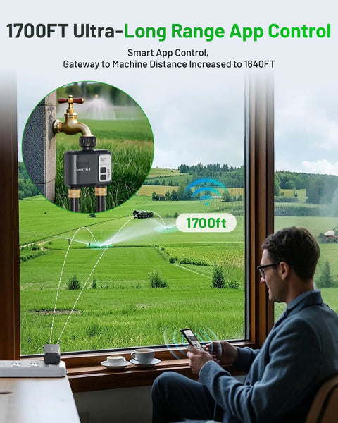 Man using app for WiFi Sprinkler Timer 2 Zone With 1700 Ft Range, Smart Hose Timer, app and voice control visible