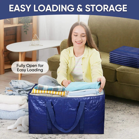 Woman packing clothes into Six Pack Extra Large Moving Bags Heavy Duty With Zippers And Carrying Handles Tough As Nails Waterproof Storage Bags