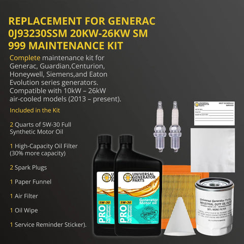 Replacement Generator Maintenance Kit For 20kW And 26kW SM 999 Generators With Full Synthetic 5W30 Engine Oil shown with components