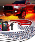 Red truck with Six Piece Dope Underglow Neon Accent Strip Lights With 300 LEDs RGB Multi Color DIY Sound Active Music Mode App Control And Remote
