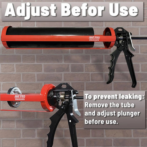Mortar Pointing Gun For Brick, Cement, Stone, And Tile Grout, 1 Quart Capacity shown with adjustment instructions