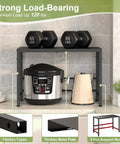 Expandable Metal Storage Shelf Organizer For Pantry Kitchen And Garage, holding small appliances and weights, in a kitchen setting