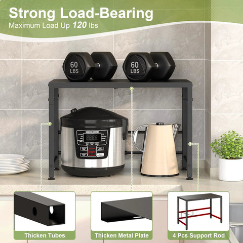 Expandable Metal Storage Shelf Organizer For Pantry Kitchen And Garage, holding small appliances and weights, in a kitchen setting
