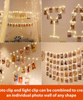 Warm White Fairy String Lights With Photo Clips And Hooks, USB Powered Waterproof 40Ft String Light With 120LED, 8 Modes And Timer displayed on walls in bedroom decor