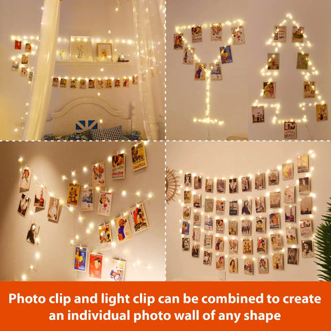 Warm White Fairy String Lights With Photo Clips And Hooks, USB Powered Waterproof 40Ft String Light With 120LED, 8 Modes And Timer displayed on walls in bedroom decor