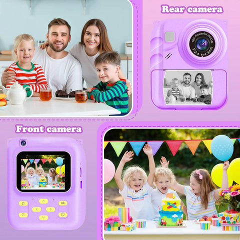 Kid Friendly Instant Print Camera With 1080P Video, Colorful Digital Photos And Black And White Ink Free Thermal Prints, Includes Three Print Rolls, Simple One Button Camera For Little Photographers, Portable Snap And Print Fun, purple front and rear view