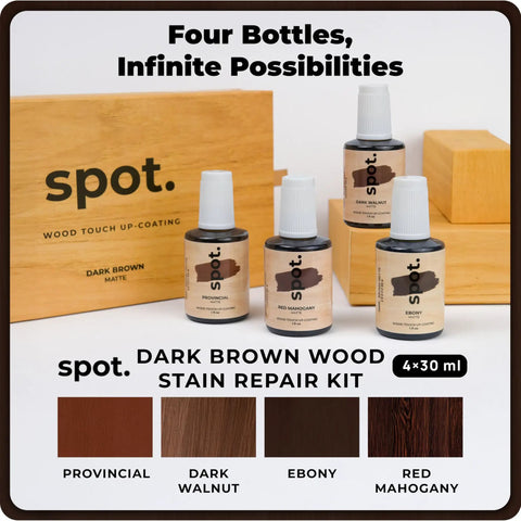 Knockout Match Wood Stain Repair Kit With Brush On Touch Up Bottles For Scratches And Dings Provincial Dark Walnut Ebony And Red Mahogany Tones indoor outdoor timber and cabinet restoration project.