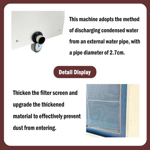 Detail display of Built Tough Industrial Spot Cooler And Portable Air Conditioner showing water discharge pipe and filter screen.