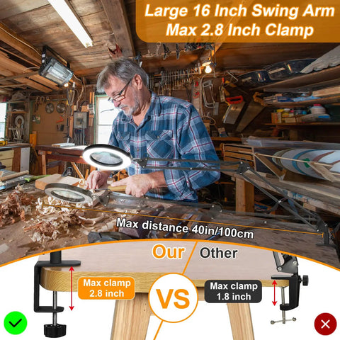 Man using Big 8X Magnifying Glass With Light And Stand Clamp On LED Desk Lamp Arm in workshop for detailed woodwork