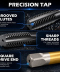 Precision tap showcasing grooved flutes, sharp threads, and square drive end for complete sae and metric thread repair kit.