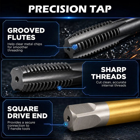 Precision tap showcasing grooved flutes, sharp threads, and square drive end for complete sae and metric thread repair kit.