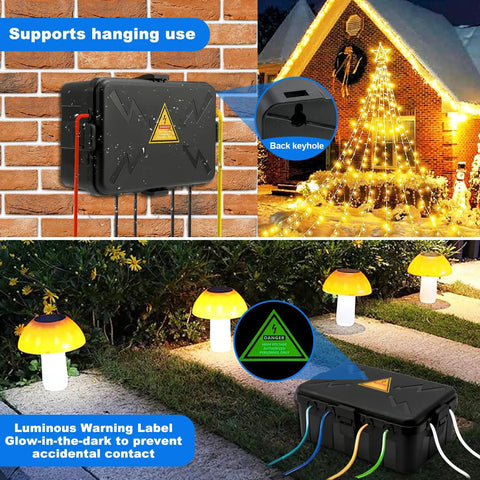 Beefy Heavy Duty Outdoor Electrical Box Waterproof IP54 Weatherproof Enclosure With Eight Cable Ports for Holiday Lights 12.5x8.5x5In Black