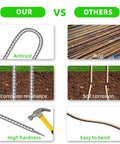 Comparison of 11 Pack 12 Inch Beefy Galvanized Steel Rebar Stakes U Shaped Ground Anchors vs rust-prone, bendable alternatives.