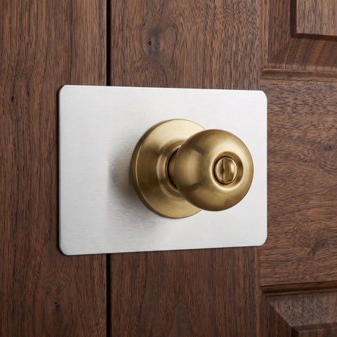 Top Grade Stainless Steel Door Lock Reinforcer Plates With Easy Install Adhesive Backing Perfect For Fixing Shaky Handles And Deadbolts While Boosting Home Security Plus Adding A Nice Decor Touch Without Screws Needed At All, stainless steel plate on wood door with brass knob
