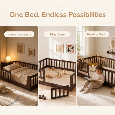 Queen Size Rubber Wood Bed Frame With Safety Guardrails And Door, Heavy Duty Floor Bed Foundation in bedroom and play settings
