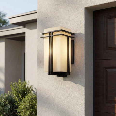 Black Outdoor Wall Light With Satin Etched Opal Glass 1 Light Exterior Sconce for porch and walkway mounted on wall