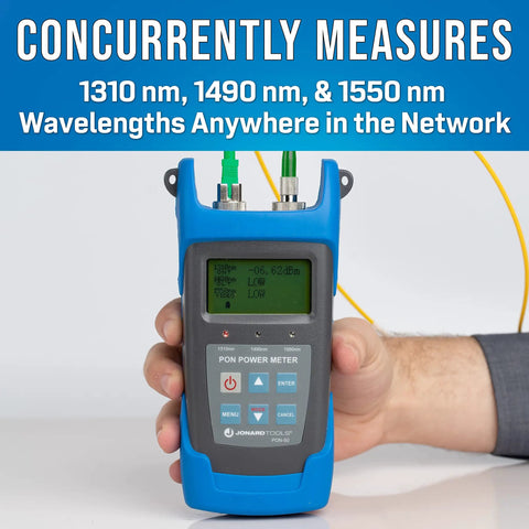 Power Meter For PON Fiber Networks, Measures 1310 1490 1550 nm Simultaneously, handheld rugged tool in use