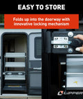Quad RV Entry Steps 4.0 Premium With Lift Assist Gas Struts 30 Inch Wide Step XL Top Tread 8 Inch Rise folded into RV doorway