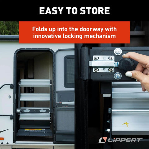 Quad RV Entry Steps 4.0 Premium With Lift Assist Gas Struts 30 Inch Wide Step XL Top Tread 8 Inch Rise folded into RV doorway