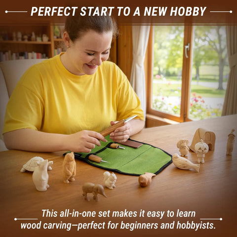 Person smiling while using Pro Grade Beginner Friendly Wood Carving Kit For Beginners And Kids With Detail Knife on table.