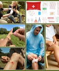 Collage of first aid scenarios with All Terrain Survival Gear Kit, showing bandaging and treatment in outdoor settings.