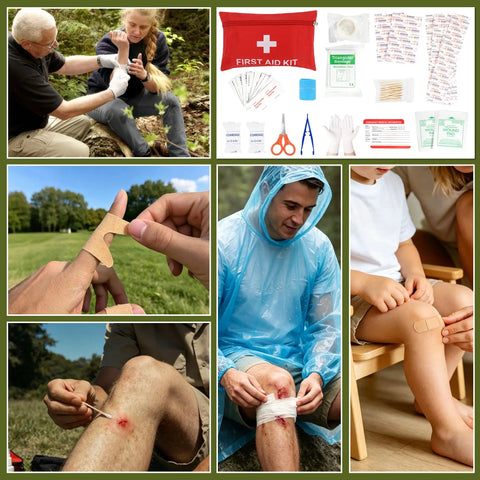 Collage of first aid scenarios with All Terrain Survival Gear Kit, showing bandaging and treatment in outdoor settings.