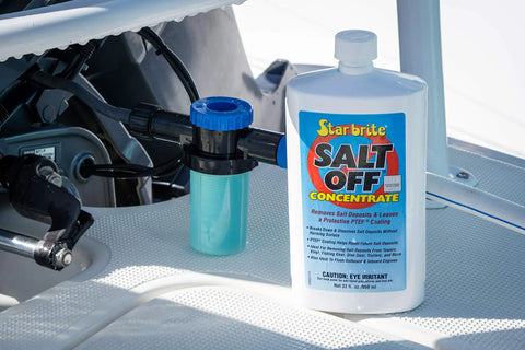 Salt Off Kit With Applicator And 32 Oz Concentrate For Marine Engine Flush And Salt Removal On Boats Trailers Fishing Gear Dive Equipment And More Ideal For Fiberglass Vinyl Painted Surfaces Metal Chrome Plastic Wood Glass And Rubber
