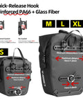 Waterproof Bike Pannier Bag 25L With Quick Release TPU Coating And Reflective Design Shoulder Strap Included Built For Commuting Touring And Bikepacking Also Available In 6L 12L 20L For Flexible Loadout Ride Ready Everyday shown with size guide for S and L