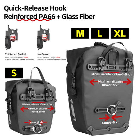 Waterproof Bike Pannier Bag 25L With Quick Release TPU Coating And Reflective Design Shoulder Strap Included Built For Commuting Touring And Bikepacking Also Available In 6L 12L 20L For Flexible Loadout Ride Ready Everyday shown with size guide for S and L