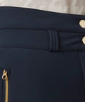 Close-up of waistband and zipper on Avanti Stretch Pant Women's Waterproof Snow Ski Pants For Warmth And Flexibility On The Slopes, Navy, XL.
