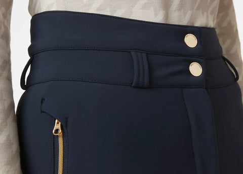 Close-up of waistband and zipper on Avanti Stretch Pant Women's Waterproof Snow Ski Pants For Warmth And Flexibility On The Slopes, Navy, XL.