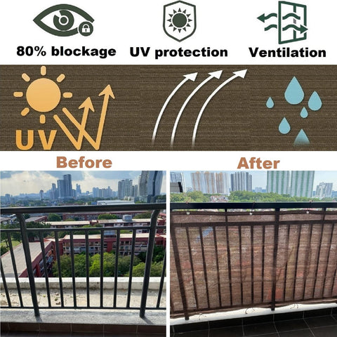 Before and after installing Fence Privacy Screen for Balcony and Patio Shade Cloth 3 Feet 3 Inches by 9 Feet 9 Inches